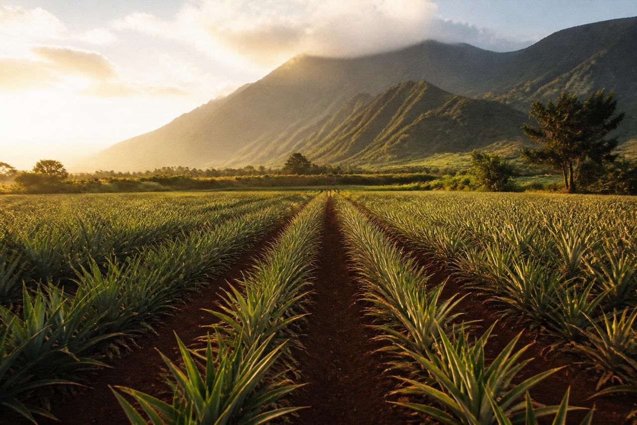 A Hawaiian pineapple field at golden hour, neat rows of plants in red soil running toward misty green mountains