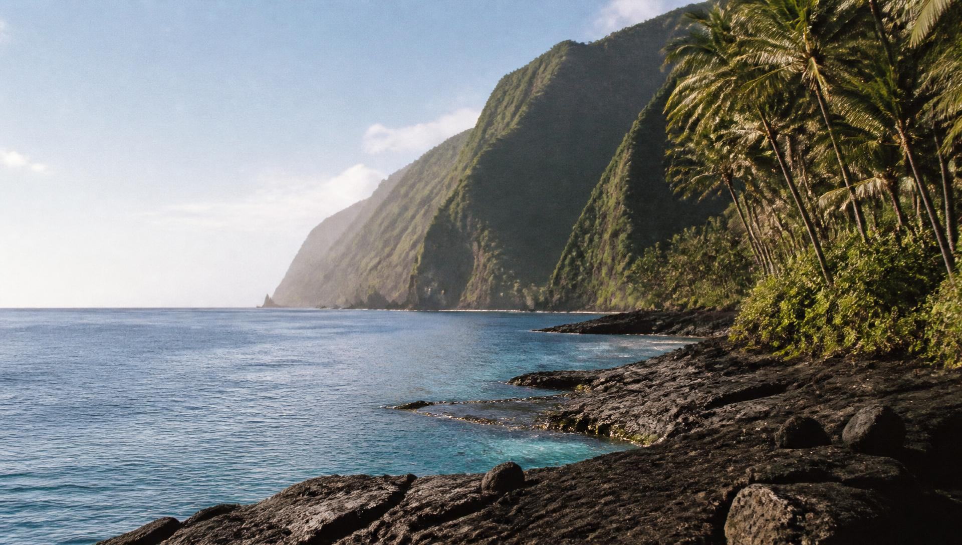 A Hawaiian coastline at golden hour, black volcanic rock in the foreground, clear turquoise water and steep emerald sea cliffs with coconut palms rising behind