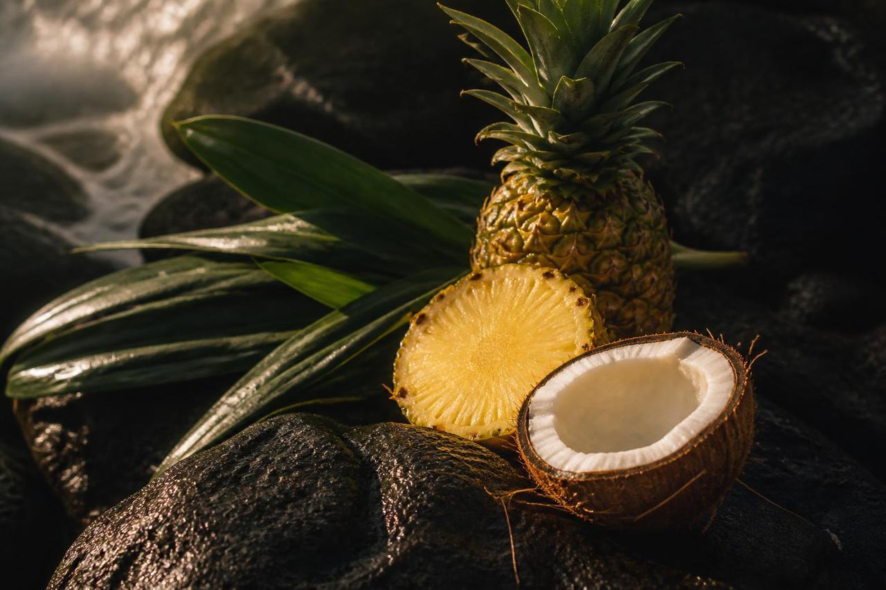 Fresh pineapple, a cracked coconut and green ti leaves on dark volcanic stone in a shaft of warm light