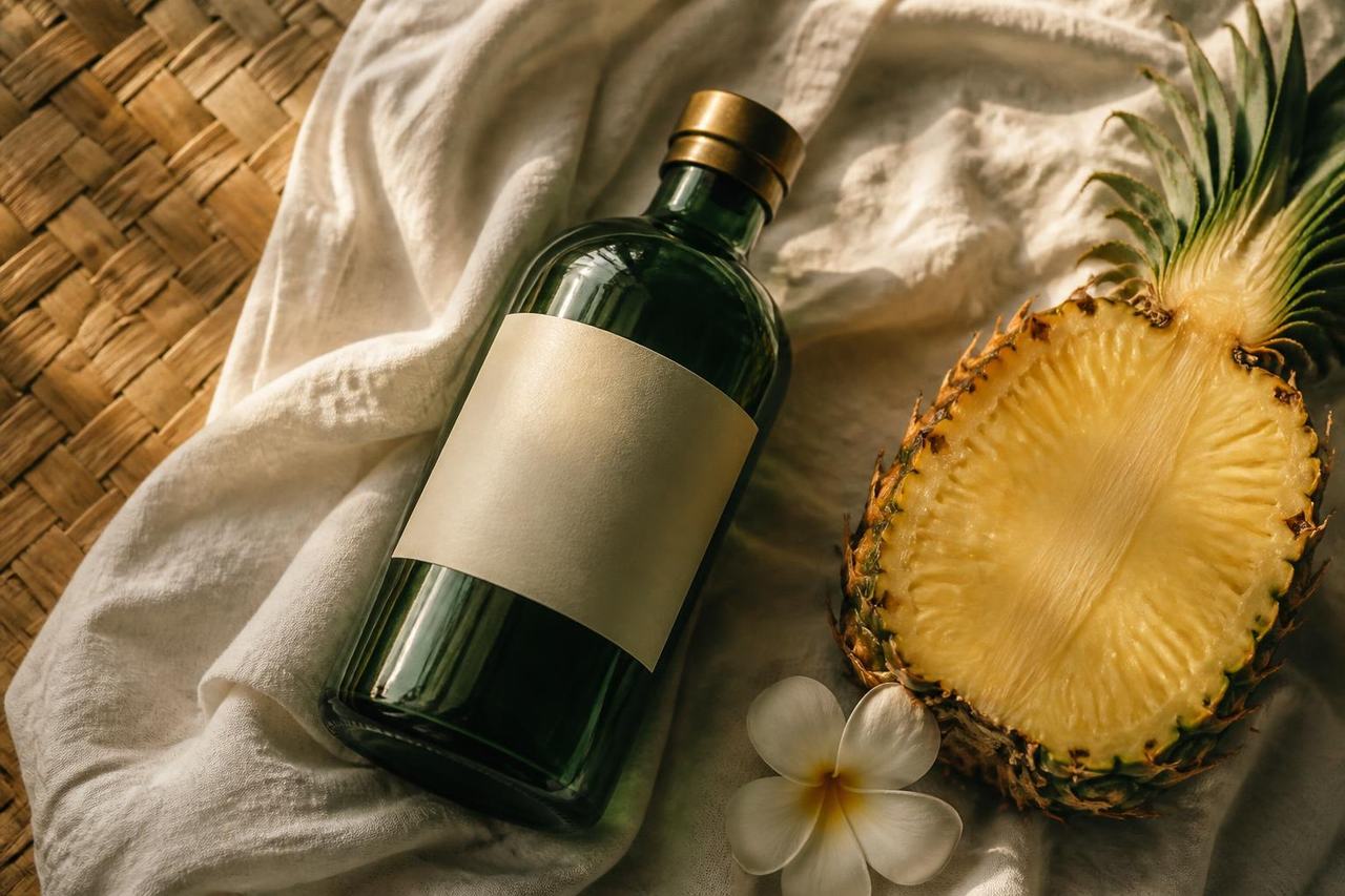The green bottle resting on rumpled white linen beside a halved pineapple and a white plumeria blossom, with woven lauhala-style matting at the edge of frame