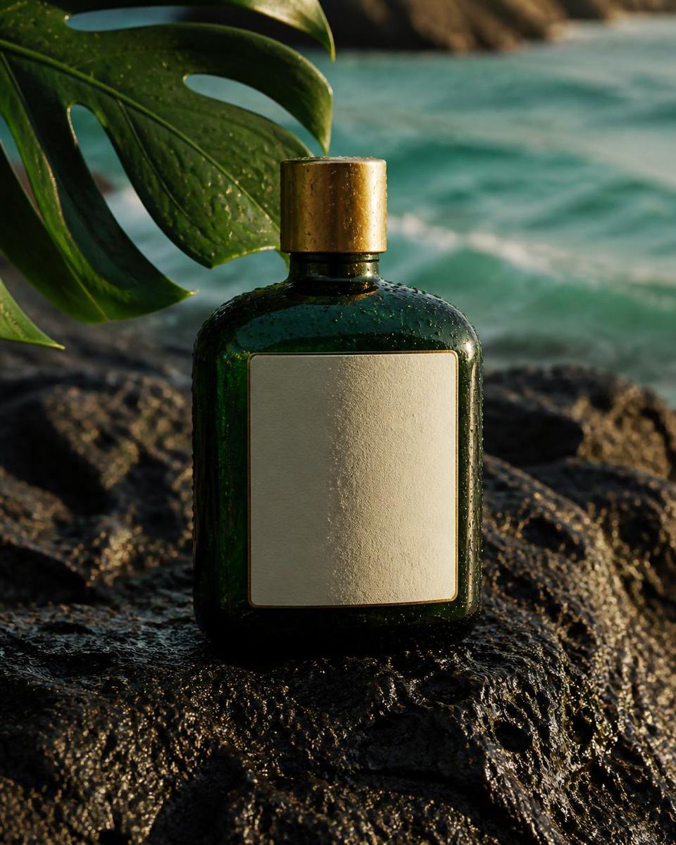 A squat deep green glass bottle with a brass cap and a blank cream label on wet black volcanic rock, turquoise water blurred behind and a monstera leaf entering the frame