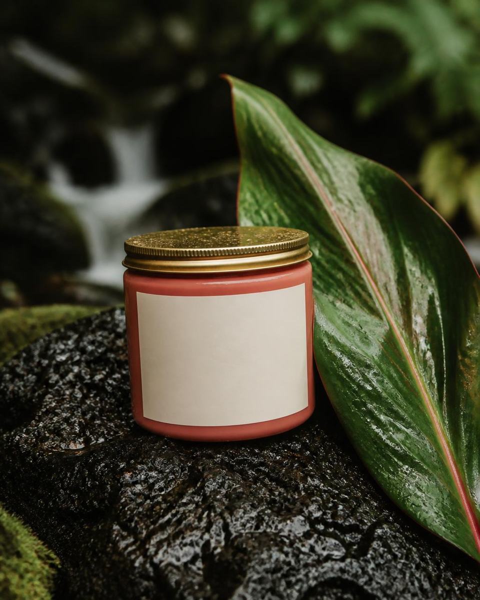A squat coral jar with a brass lid on wet black lava rock with a glossy green ti leaf beside it