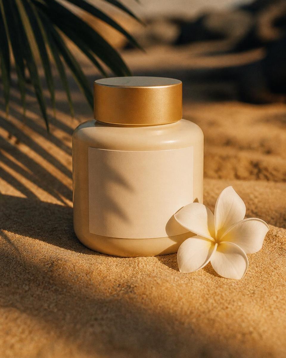 A cream and gold bottle on golden sand with a palm frond shadow falling across it and a single white plumeria blossom beside it