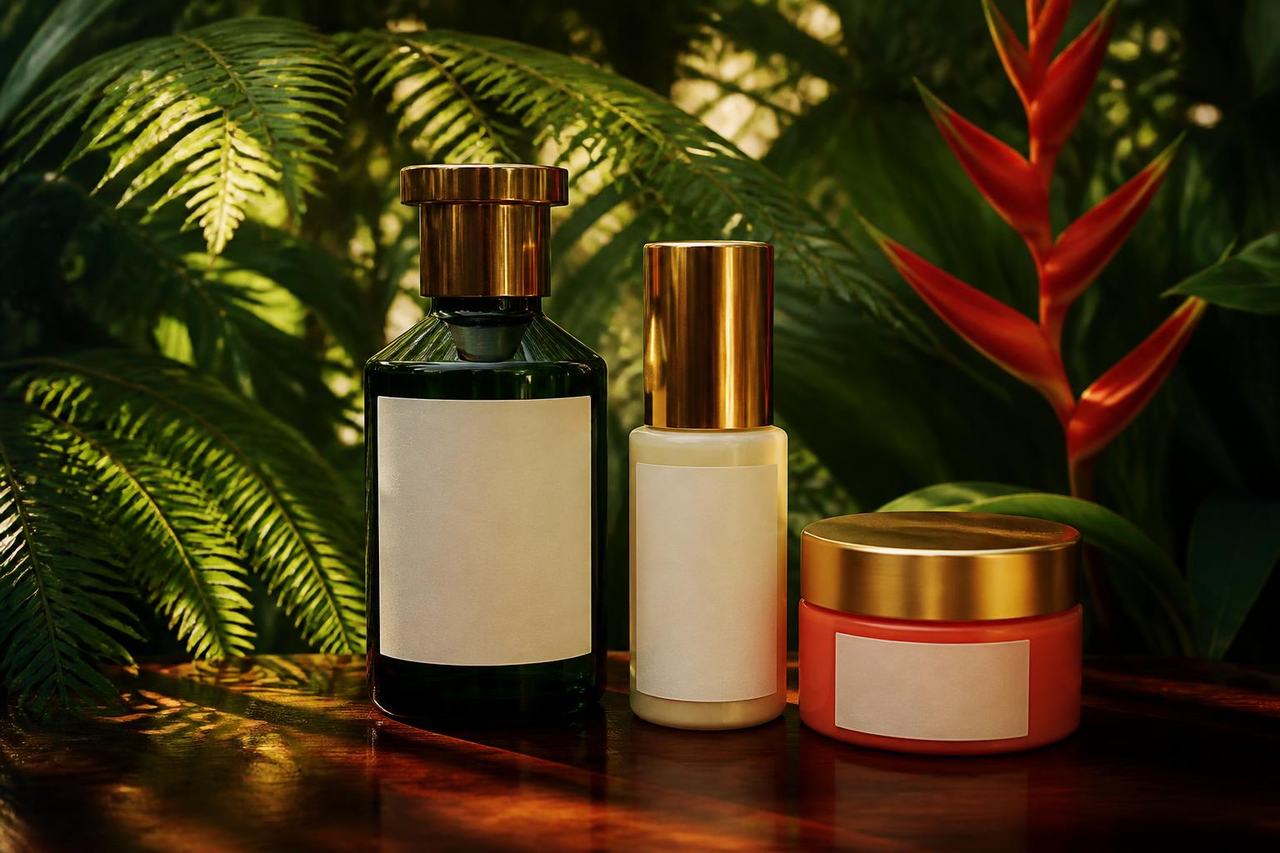 The green bottle, cream and gold bottle and coral jar together on dark tropical hardwood with tree fern fronds and red heliconia behind in dappled light